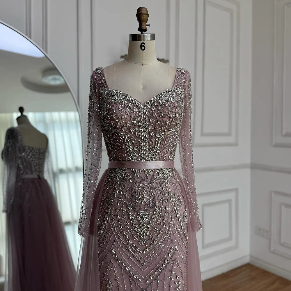 Luxury Nude Beaded Mermaid Evening Dress with Overskirt LA73190