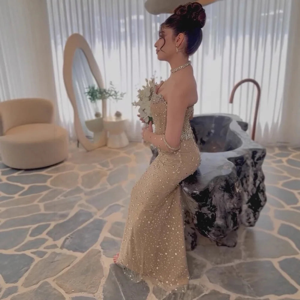 Luxury Nude Strapless Crystal Beaded Mermaid Evening Gown with Gloves LA73138