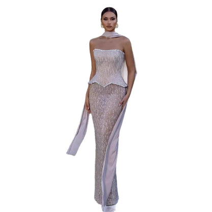 Luxury Nude 2 Pieces Pearl Sequin Evening Dress with Scarf LA73076A