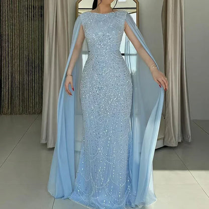 Luxury Blue Mermaid Evening Dress with Cape Sleeves Beaded Gown LA72160A