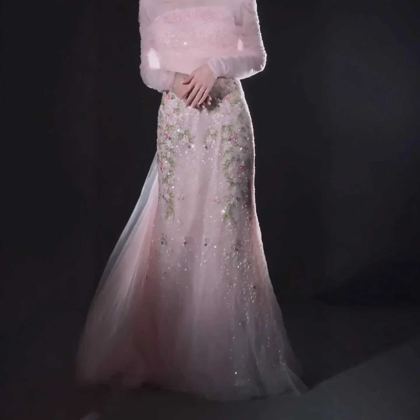 Luxury Pink Beaded Mermaid Evening Dress with Sheer Cape LA73346