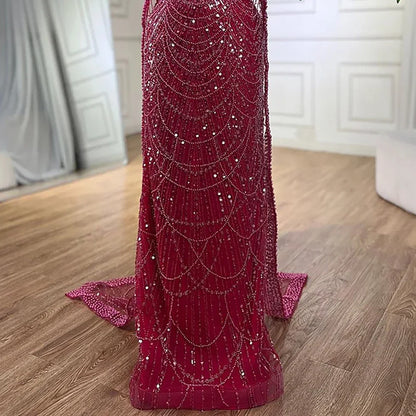 Luxury Blue Mermaid Evening Dress with Cape Sleeves Beaded Gown LA72160A