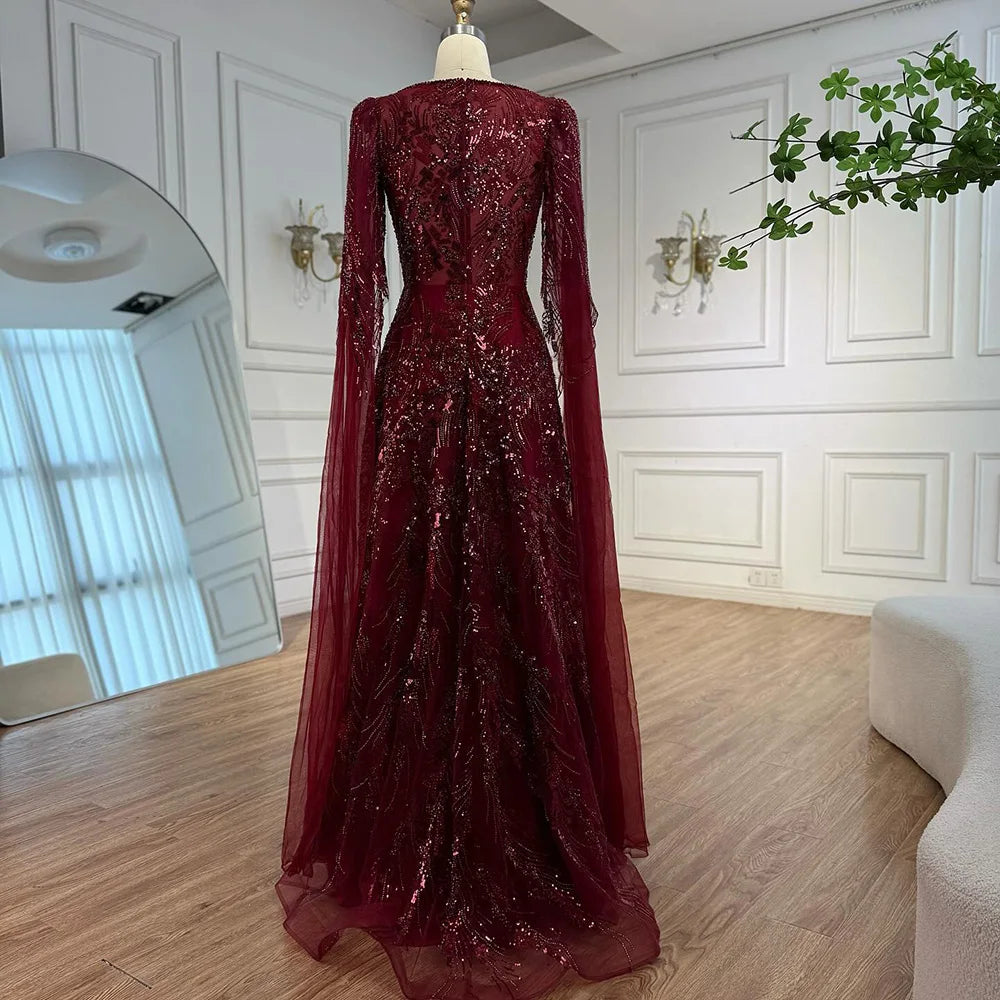 Luxury Wine Red A-Line Luxury Beaded Evening Dress with Cape LA73127