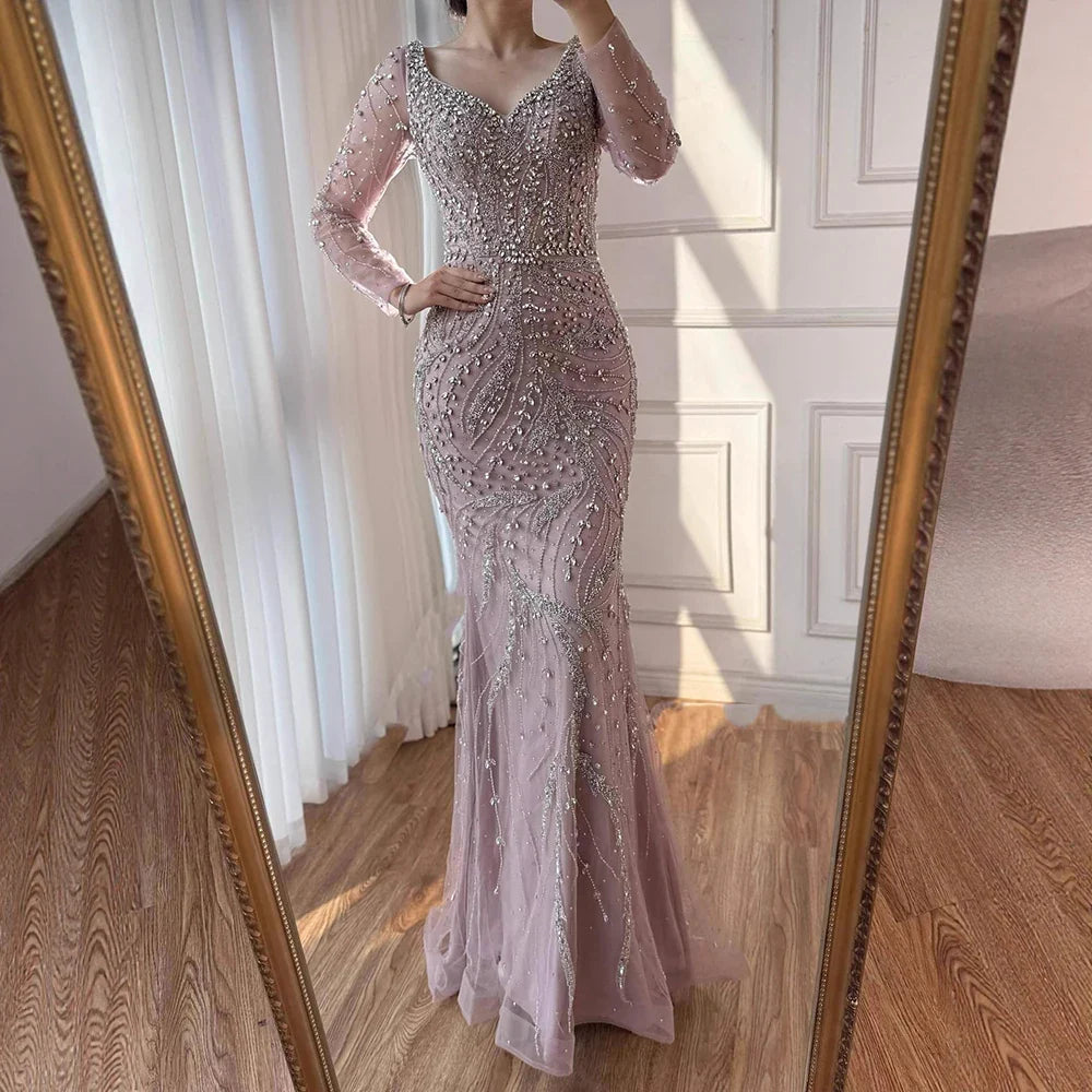 Luxury Muslim Nude Arabic Mermaid Beaded Evening Dress LA73191