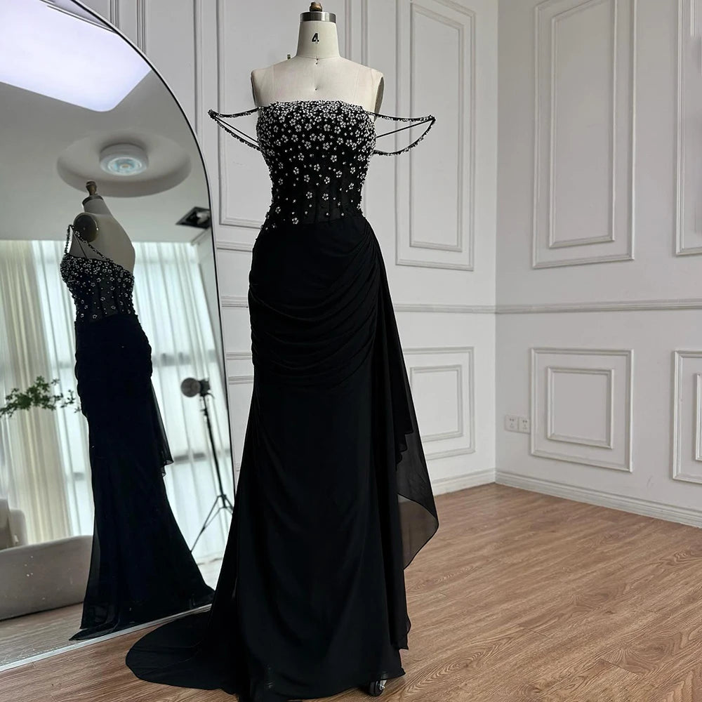 שמלת נשף בתולת ים שחורה יוקרתית עם חרוזים ורצועות ספגטי LA73047