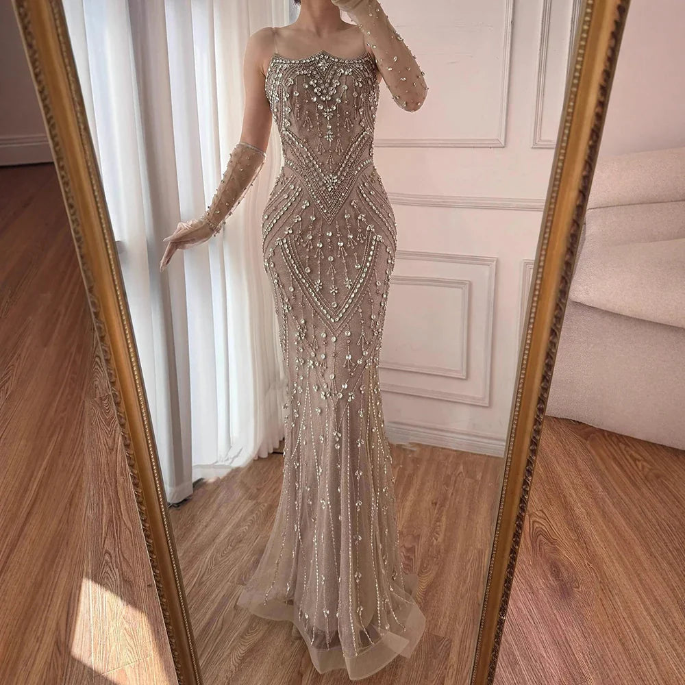 Luxury Caramel Crystal Beaded Mermaid Evening Gown with Gloves LA73186