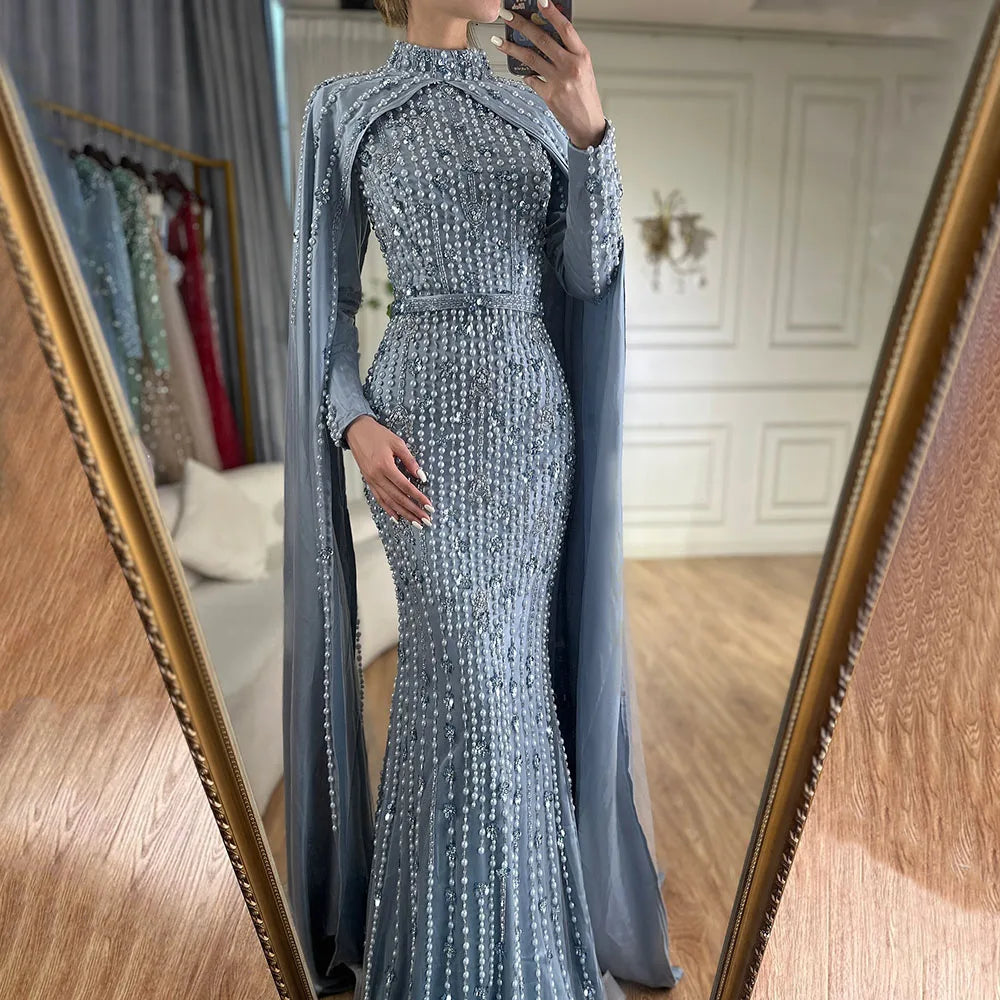 Luxury Blue Muslim Mermaid Beaded Evening Gowns with Cape Sleeves LA72533