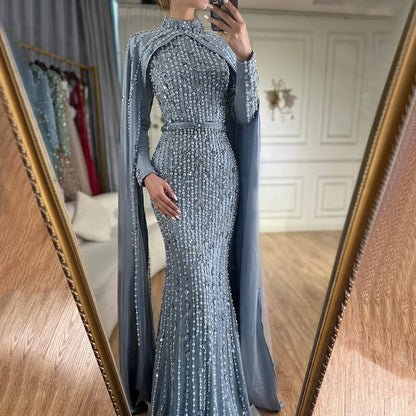 Luxury Blue Muslim Mermaid Beaded Evening Gowns with Cape Sleeves LA72533