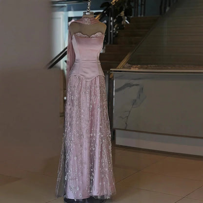 Luxury Sage Green and Pink Arabic   Beaded Evening Dress LA72805D
