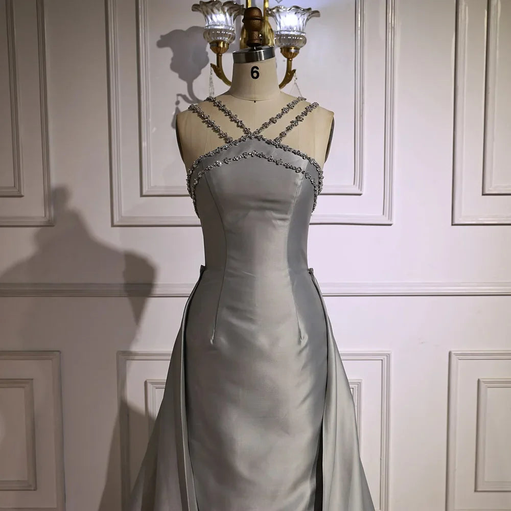 Elegant Light Blue Satin Arabic Evening Dress with Overskirt LA72524