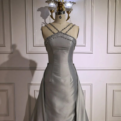 Elegant Light Blue Satin Arabic Evening Dress with Overskirt LA72524