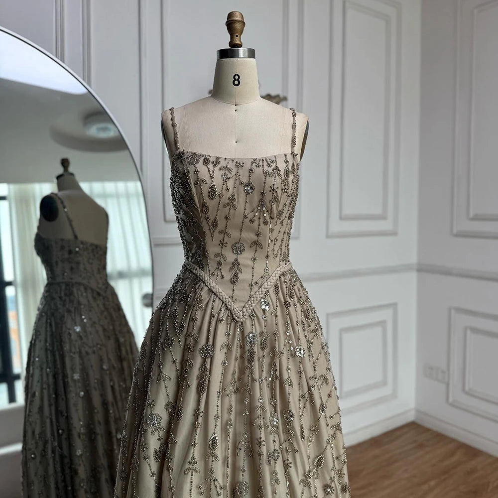 Luxury Sage Green Beaded A Line Spaghetti Strap Evening Dresses Gown LA72805