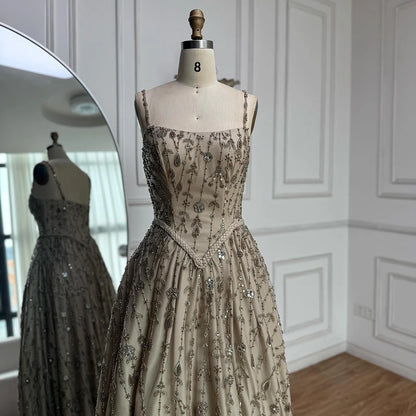 Luxury Sage Green Beaded A Line Spaghetti Strap Evening Dresses Gown LA72805