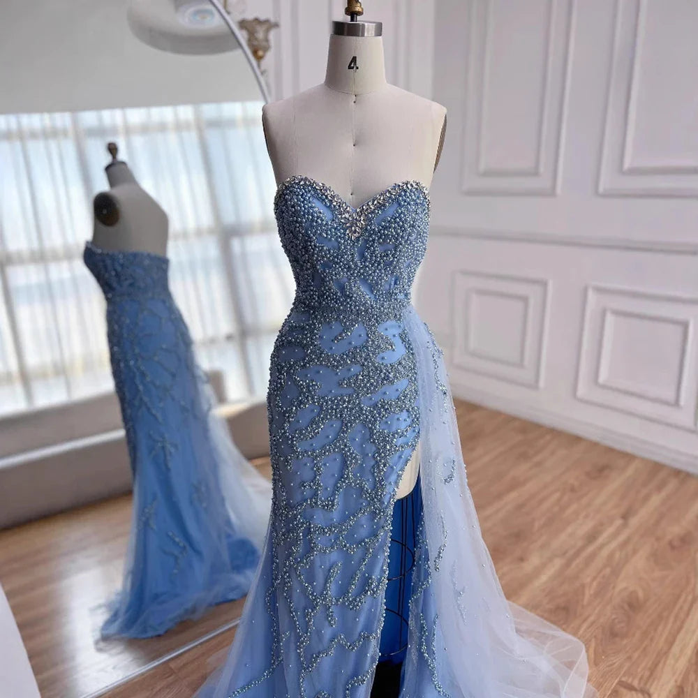 Luxury Saudi Arabic Blue Beaded Evening Dress with Slit LA72877