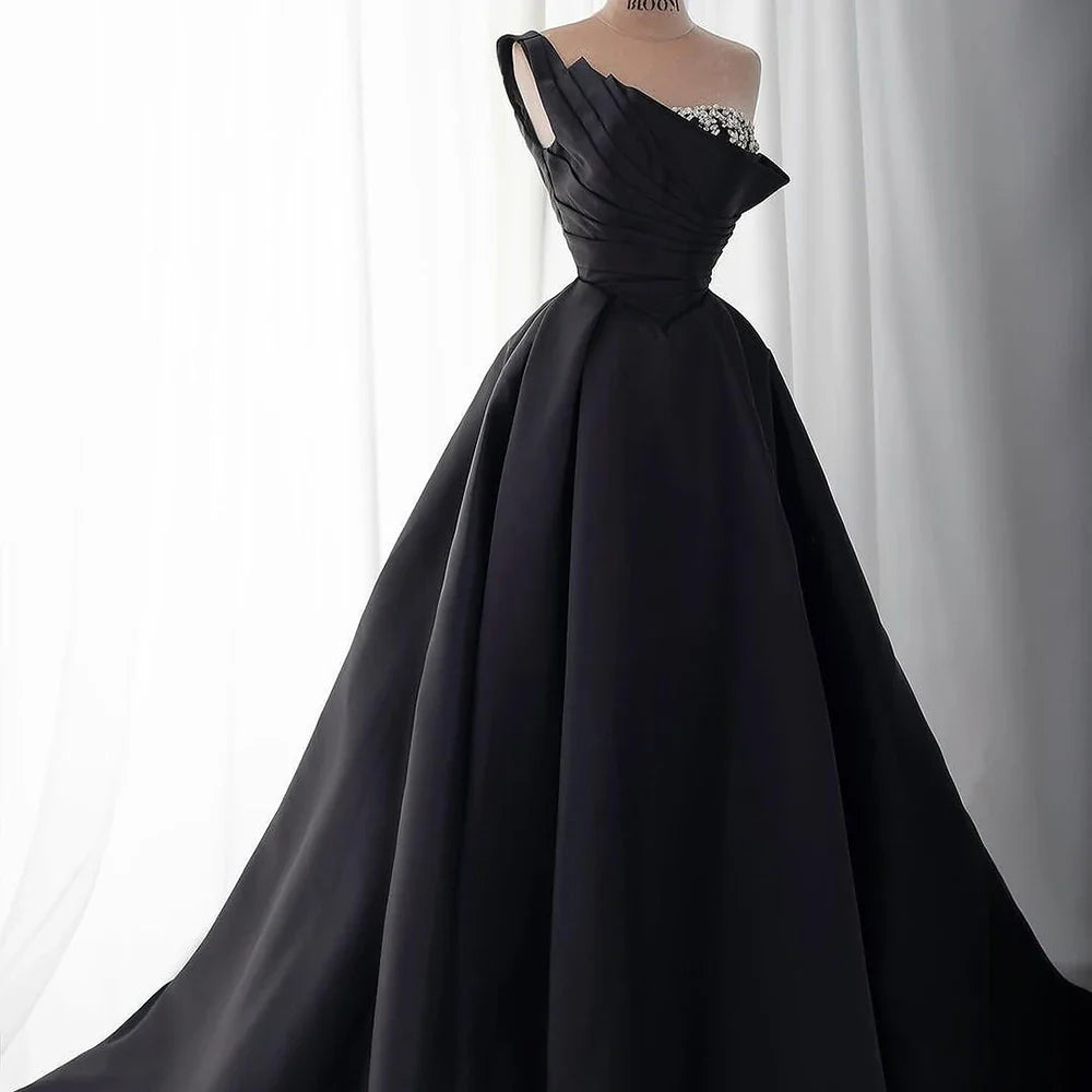 Luxury Black Satin One Shoulder Beaded A-Line Evening Dress LA72741