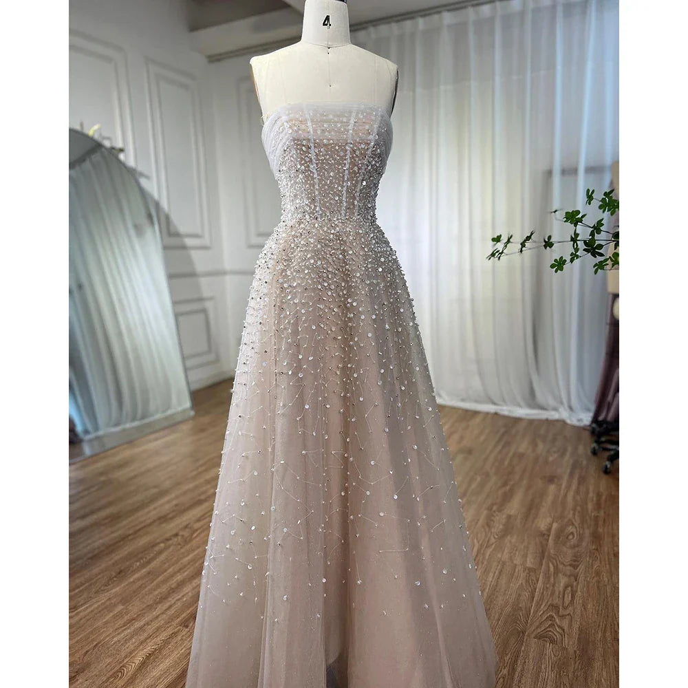 Pearls White Nude Arabic Evening Dresses with Gloves LA72009