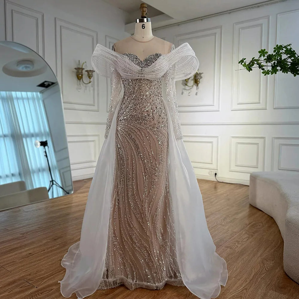 Elegant White Nude Sequin Beaded Mermaid Evening Gown LA72266C