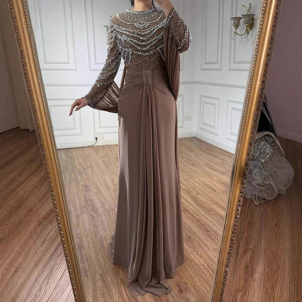 Luxury Designer Modest Brown Stretch Material Mermaid Evening Dress LA72993