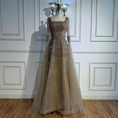 Caramel A-Line Evening Dress with Beaded Cape Sleeves LA73089