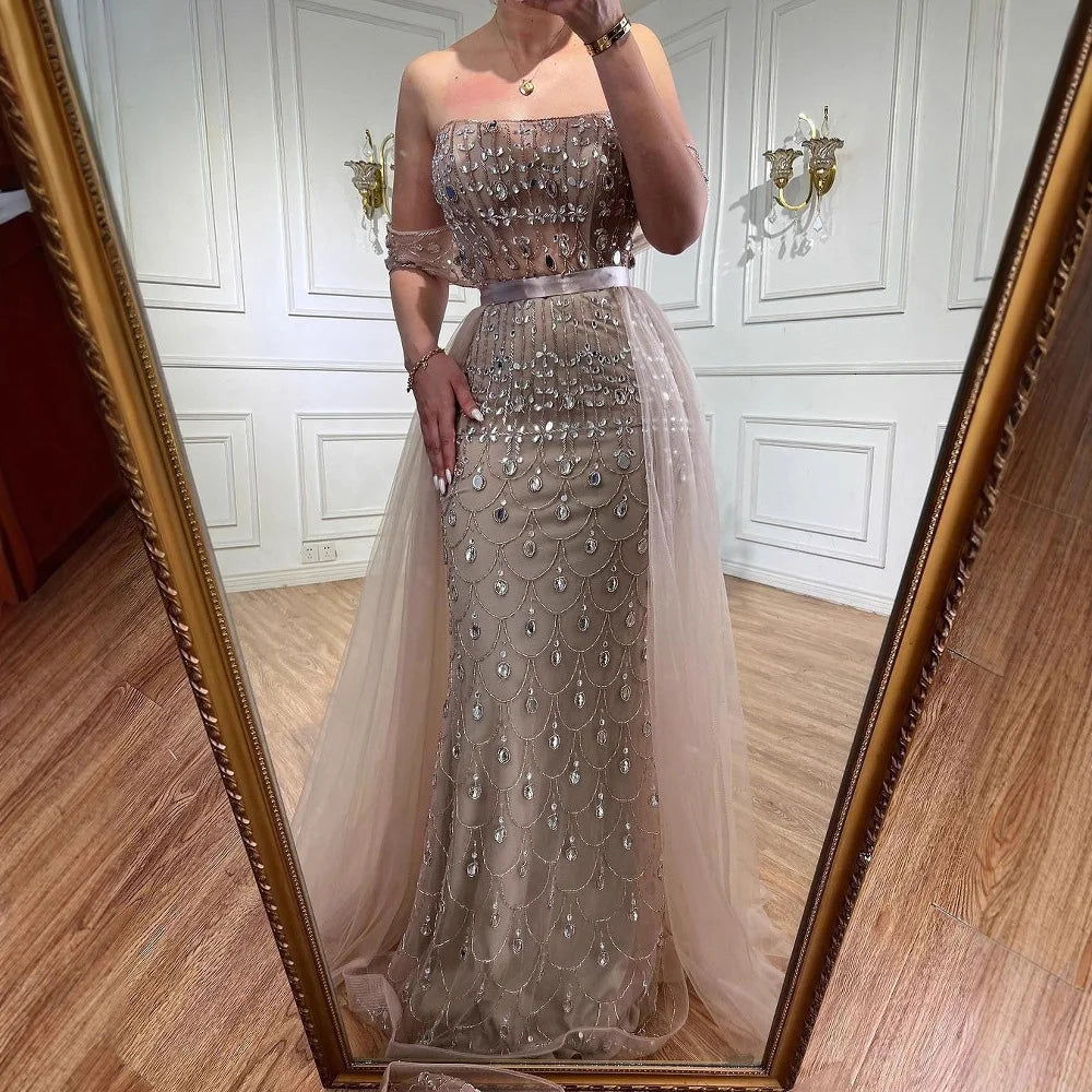 Luxury Caramel Beaded Mermaid Evening Dress with Overskirt LA71922