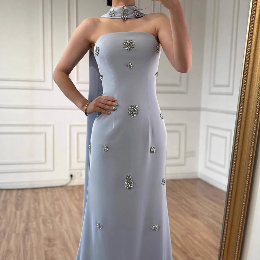 Luxury Blue Arabic Mermaid Crystal Evening Dress with Cape LA73100