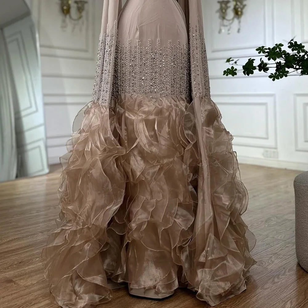 Elegant Nude Beaded Mermaid Evening Dress with Cape Sleeves LA72317C