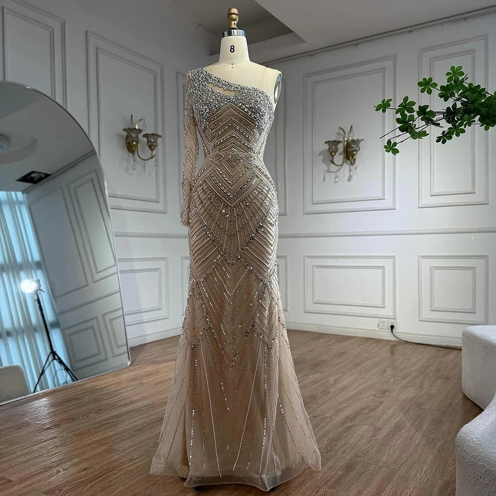 Luxury Nude One Shoulder Long Sleeve Beaded Evening Dress LA73180