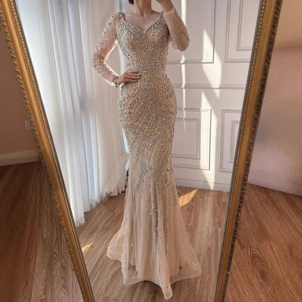 Luxury Muslim Nude Arabic Mermaid Beaded Evening Dress LA73191
