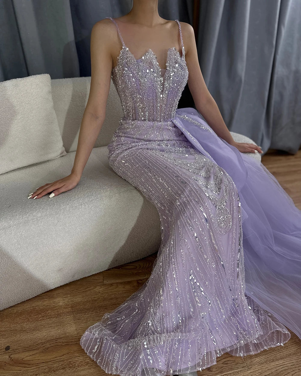 Spaghetti Straps Sage Green Mermaid Evening Dress with Overskirt LA72378