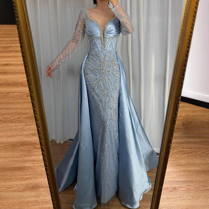 Luxury  Muslin Blue hijab Evening Dress With Long Sleeves LA72963