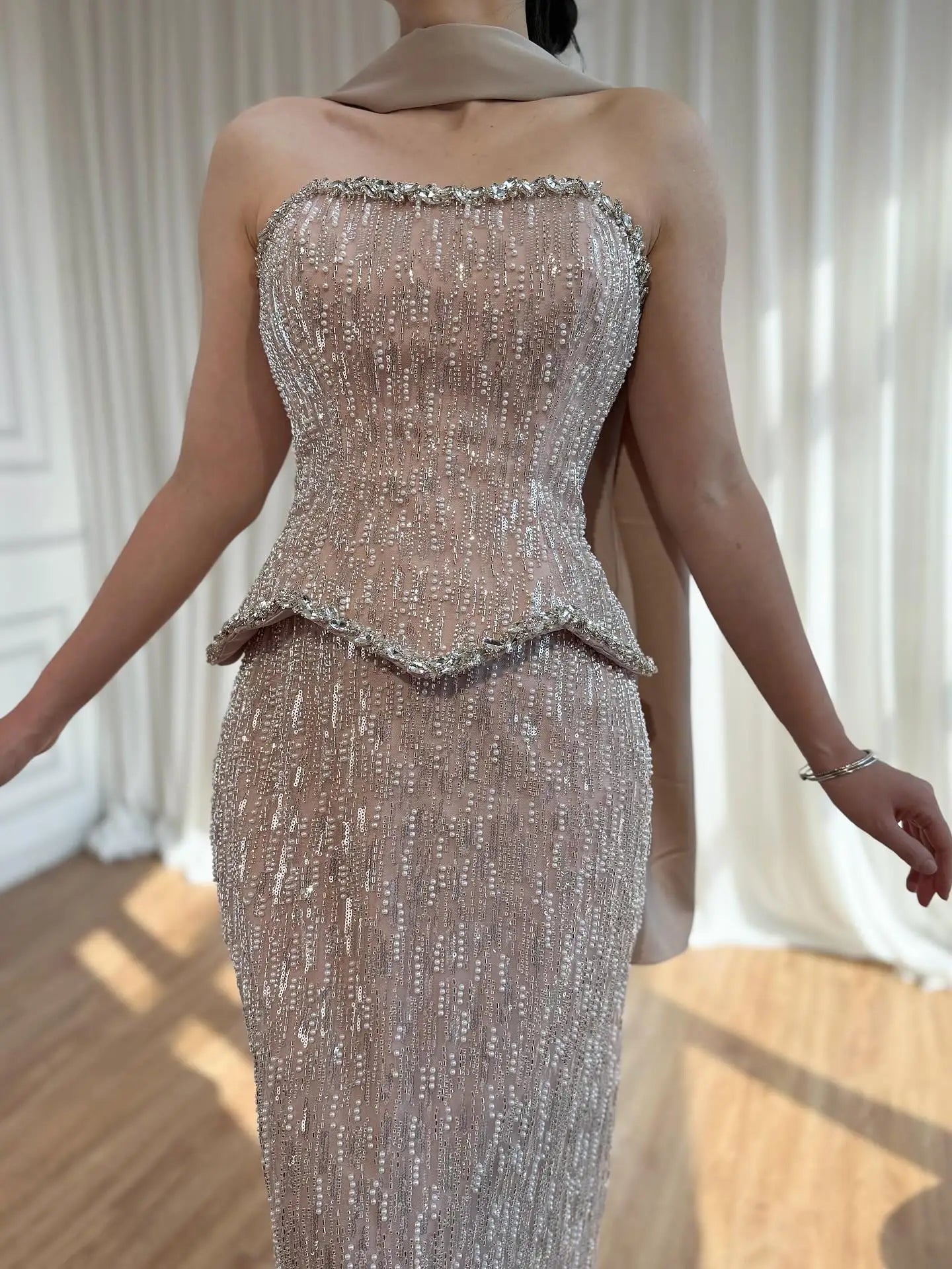 Luxury Nude 2 Pieces Pearl Sequin Evening Dress with Scarf LA73076A