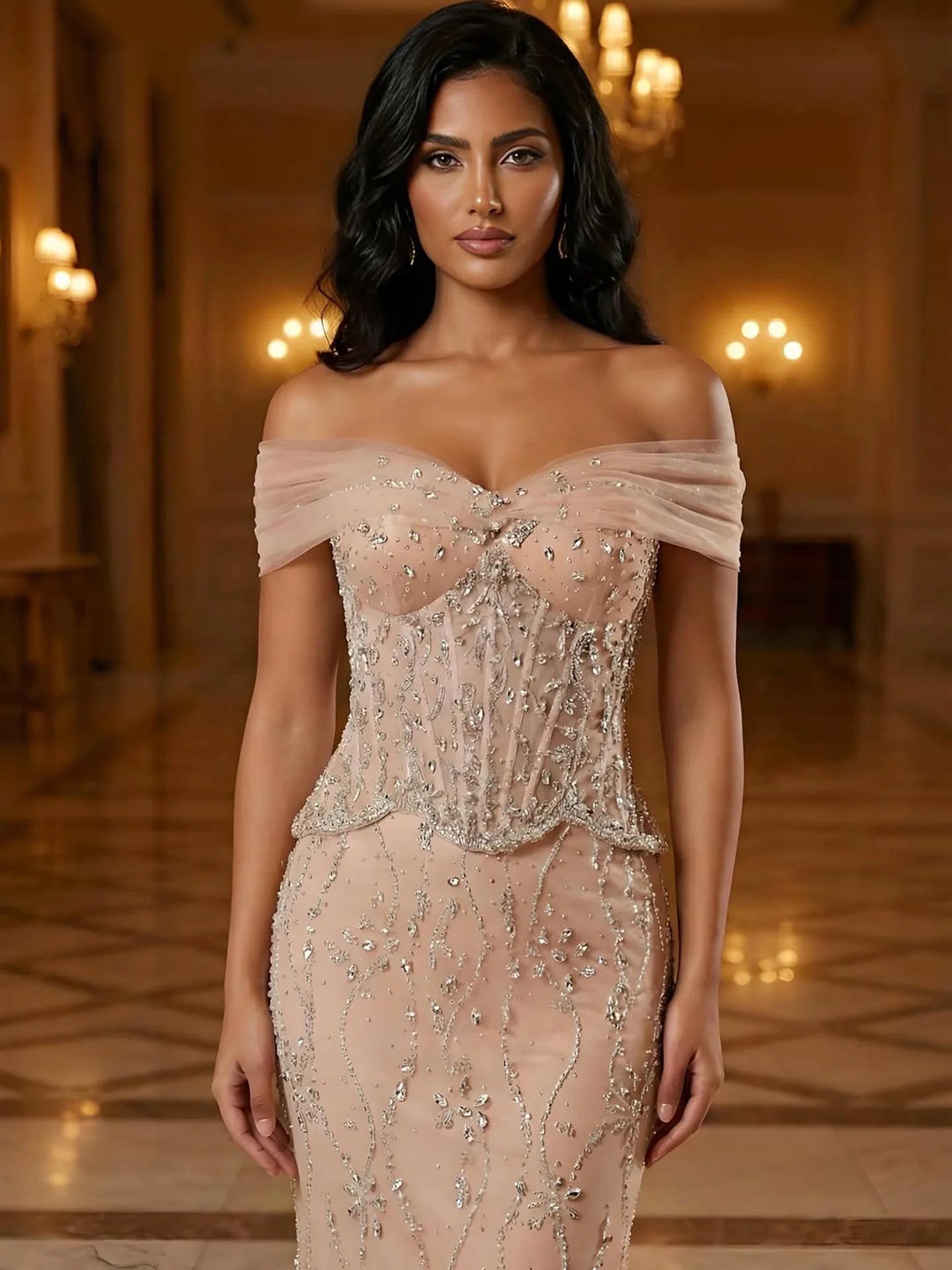 Luxury Nude Beaded Mermaid Evening Dress LA73336