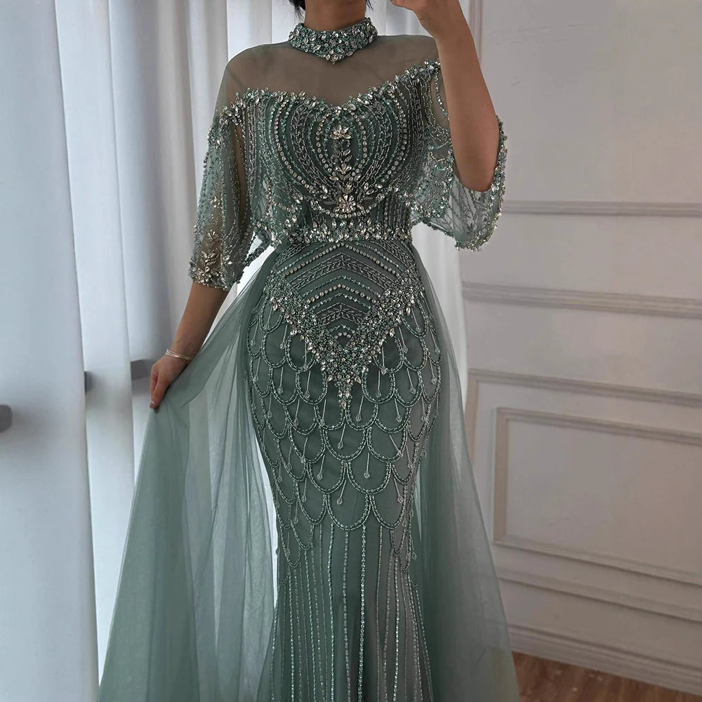 Luxury Gray Beaded Evening Dress with Overskirt LA73129