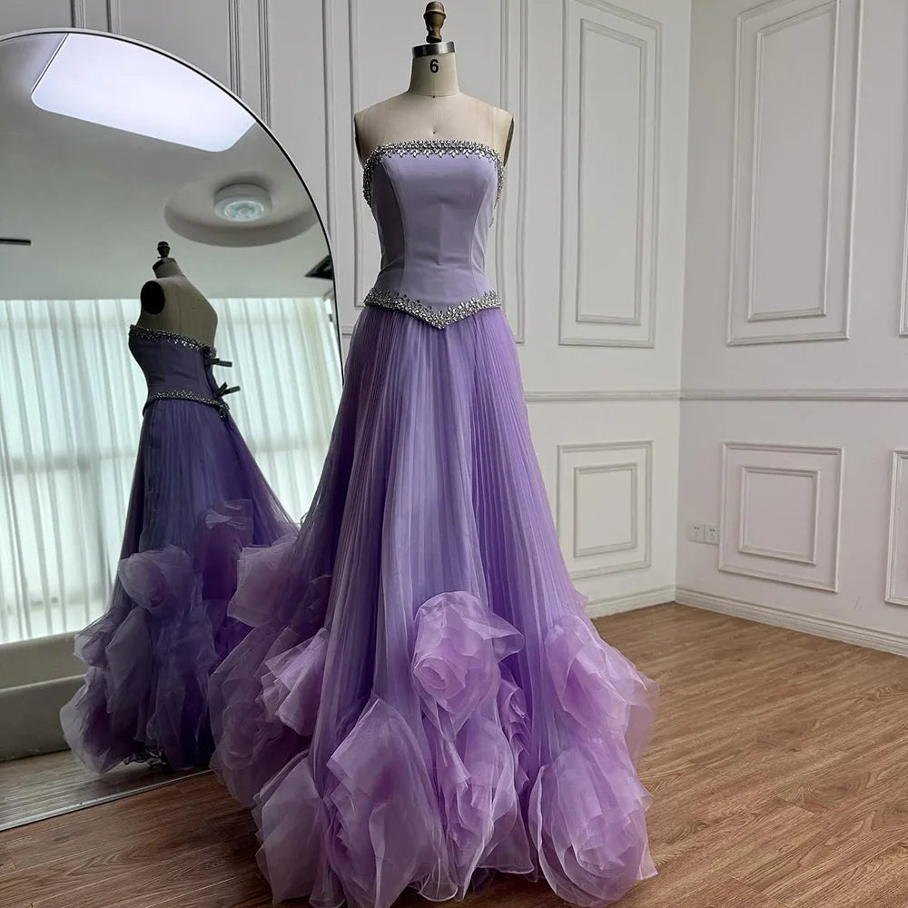 Luxury Lilac Strapless Beaded Evening Dress with Floral Train LA72913A