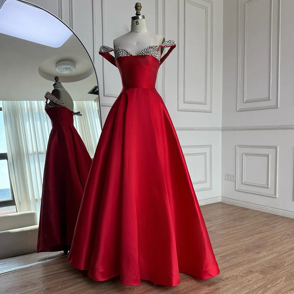 Luxury Red Beaded A-Line Prom Dress with Spaghetti Straps LA73049