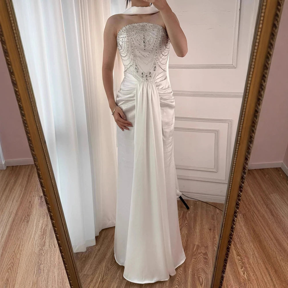 White Strapless Beaded Evening Dress with Gloves LA73086