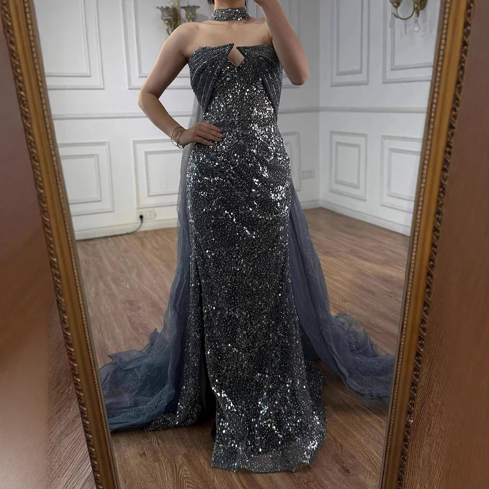 Luxury Gray Beaded Evening Dress with Long Cape LA73159