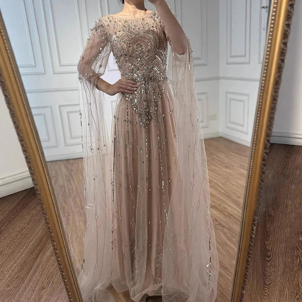Luxury Designer Blue Beaded Stone Arabic Evening Dress With Cape Sleeve LA72635