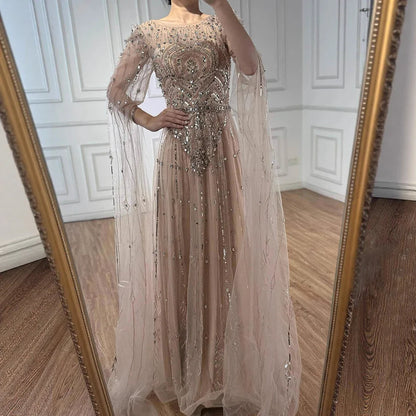 Luxury Designer Blue Beaded Stone Arabic Evening Dress With Cape Sleeve LA72635