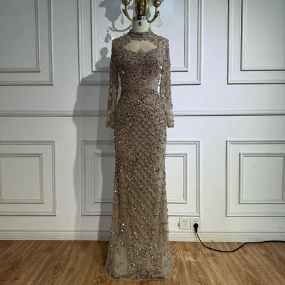 Caramel Beaded High Neck Mermaid Evening Dress Plus Size LA71747A