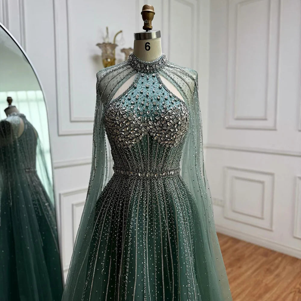 Luxury Turquoise Beaded A-Line Evening Dress with Cape Sleeves LA73054