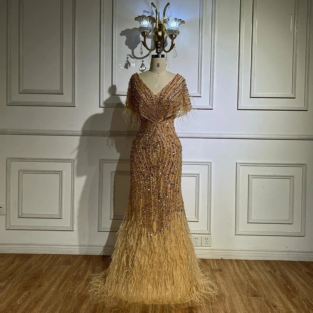Luxury White Nude Beaded Feather Mermaid Evening DressLA72837