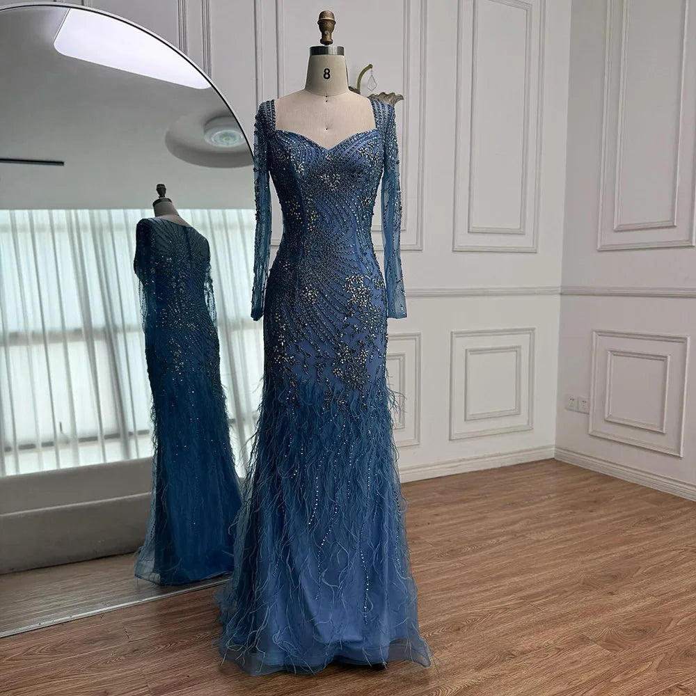 Arabic Blue Feather Beaded Mermaid Evening Dress for Women LA71818