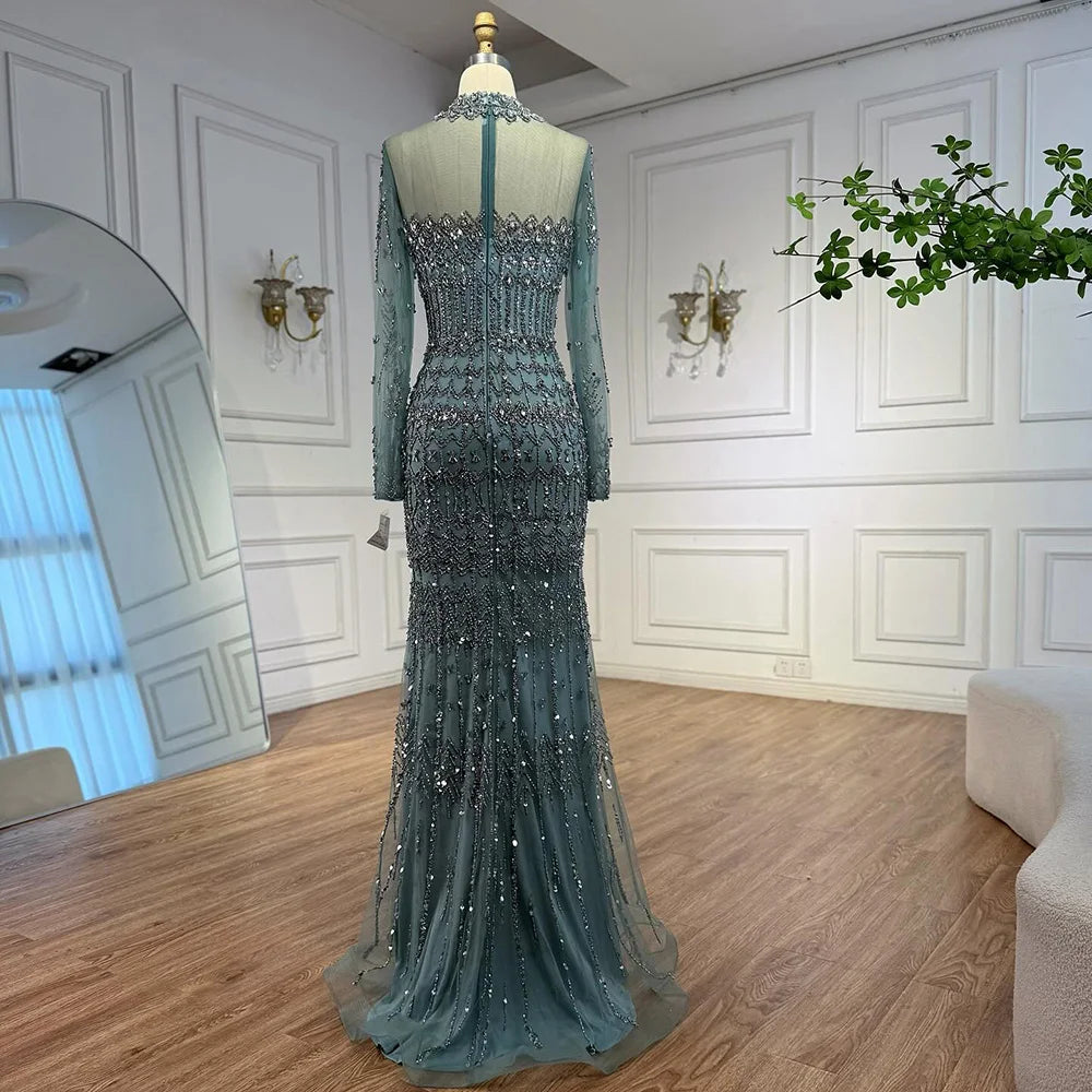 Luxury Arabic Turquoise Beaded Mermaid Evening Dress Long Sleeve LA72714C
