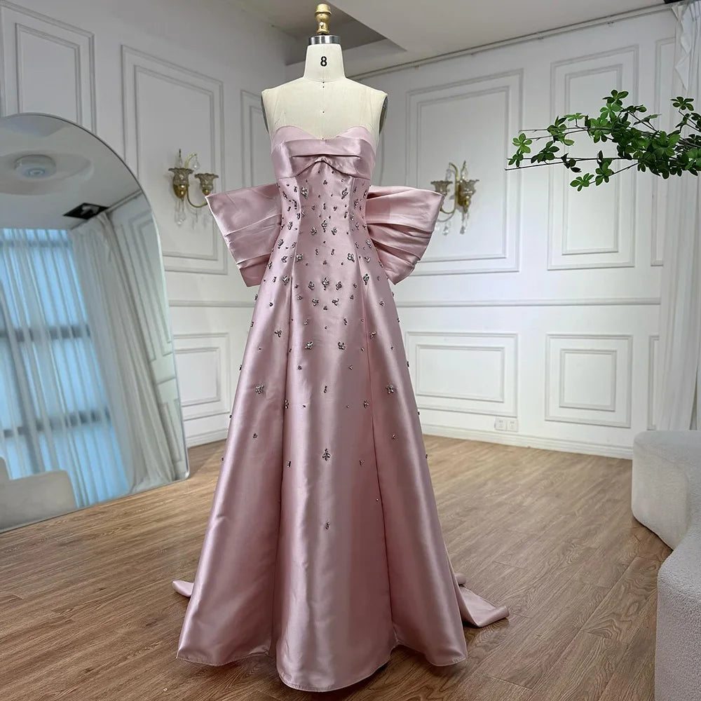 Pink Satin Strapless Mermaid Evening Dress with Big Bow LA72414B