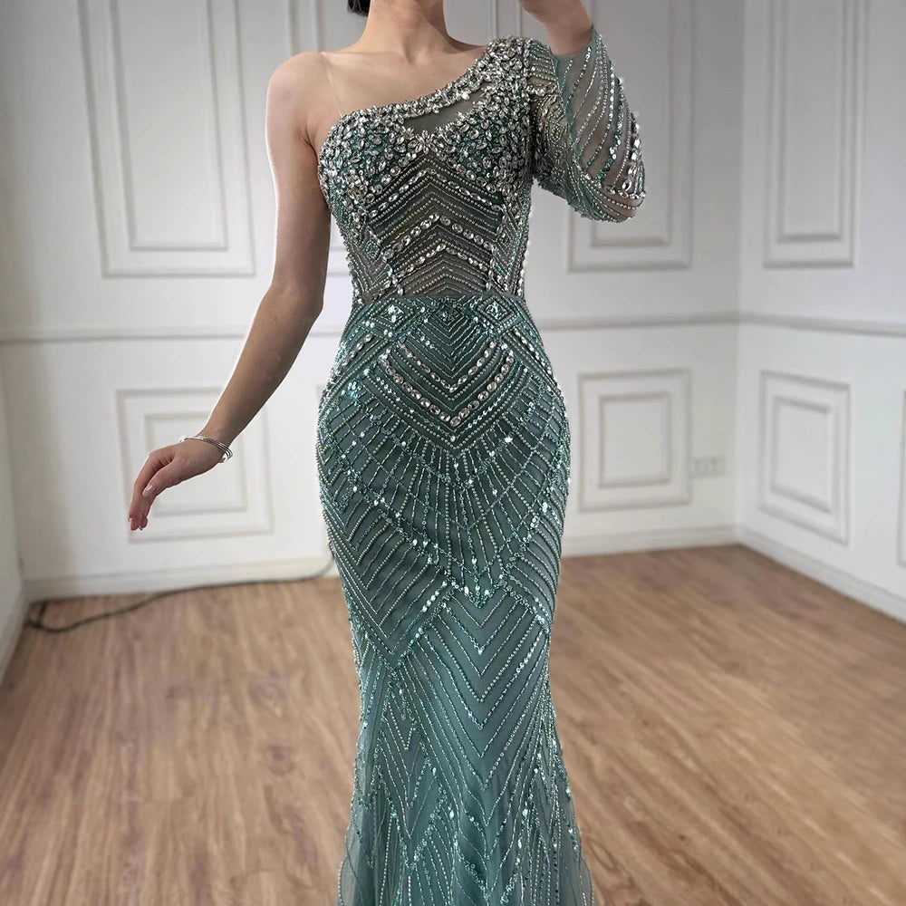 Luxury Nude One Shoulder Long Sleeve Beaded Evening Dress LA73180