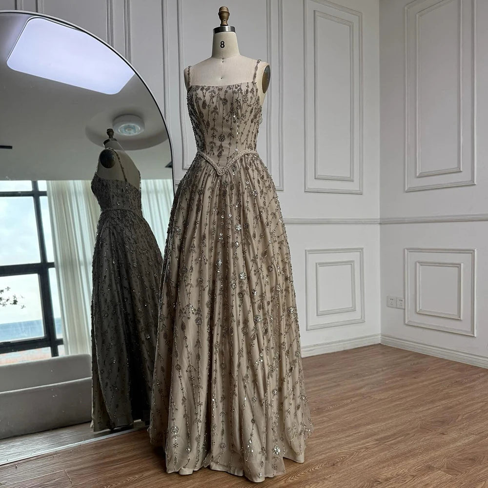 Luxury Sage Green Beaded A Line Spaghetti Strap Evening Dresses Gown LA72805