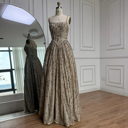 Luxury Sage Green Beaded A Line Spaghetti Strap Evening Dresses Gown LA72805