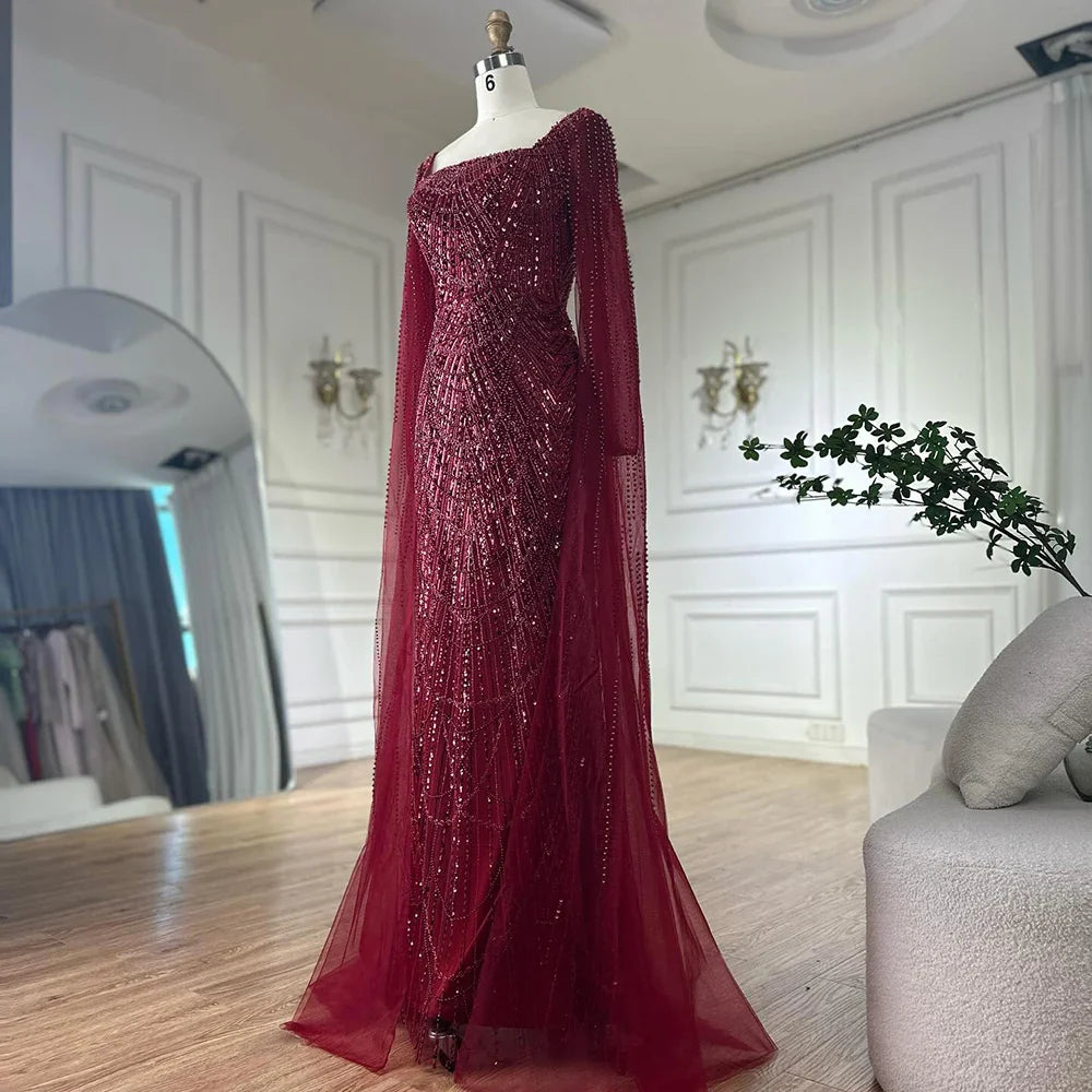 Luxury Turquoise Pearl Arabic Mermaid Evening Dress with Cape Sleeves LA72590A