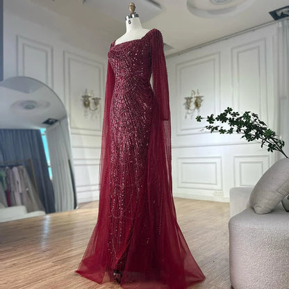 Luxury Turquoise Pearl Arabic Mermaid Evening Dress with Cape Sleeves LA72590A
